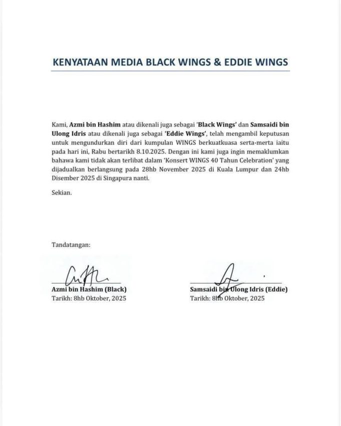 Dua anggota berundur, Konsert Ulang Tahun Ke-40 Wings diteruskan | MissMynah Dua anggota berundur, Konsert Ulang Tahun Ke-40 Wings diteruskan, awie, black wings, eddie wings, konsert, muzik, penyanyi, rock, selebriti, wings, MissMynah